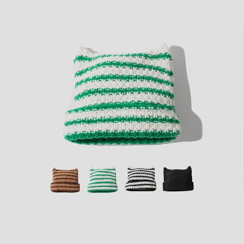 Korean Fashion Striped Cat Ears Warm Hat