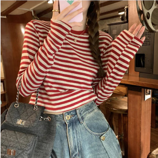 Red Striped Long Sleeve T-Shirt for Women - BLACKPINK