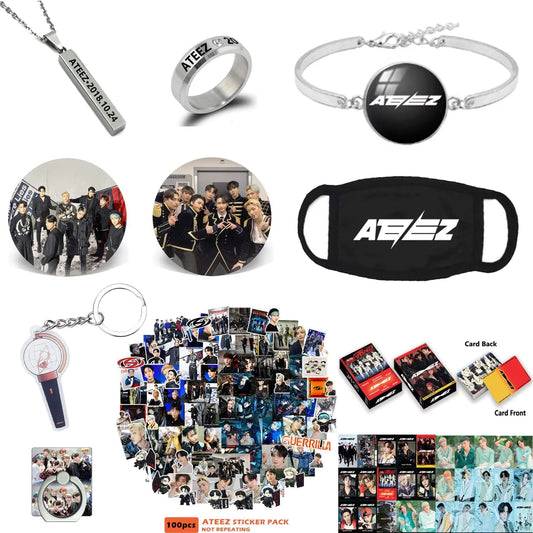 Kpop Gifts Set for Ateez Photocard Stickers Bracelet Face Shield Rings Pendant Necklace Button Pin Phone Ring Holder Keychain