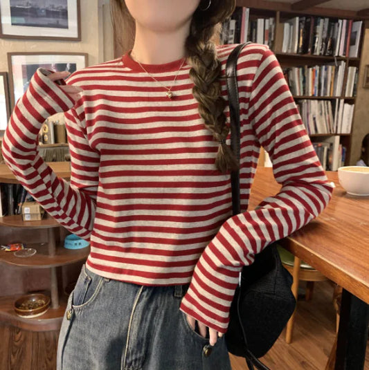 Red Striped Long Sleeve T-Shirt for Women - BLACKPINK