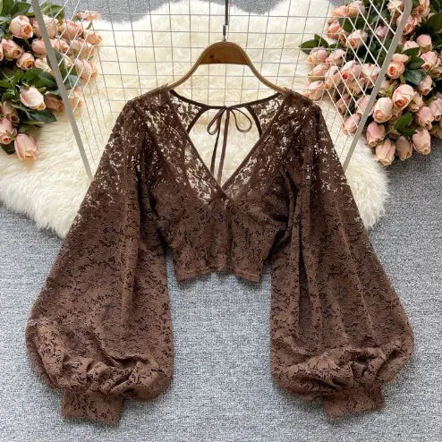 Carina Lace Backless Sheer Top - Korean Fashion Shirt