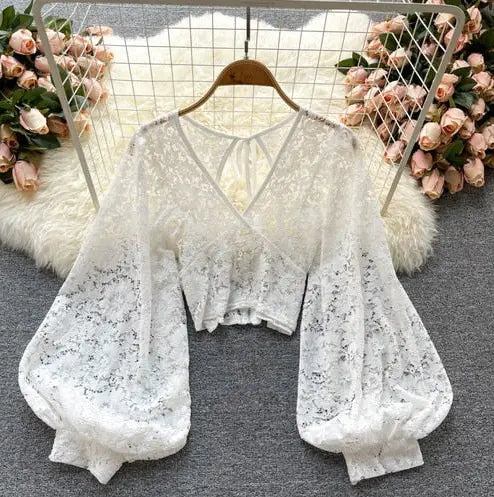 Carina Lace Backless Sheer Top - Korean Fashion Shirt