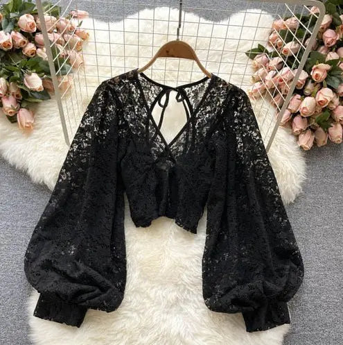 Carina Lace Backless Sheer Top - Korean Fashion Shirt