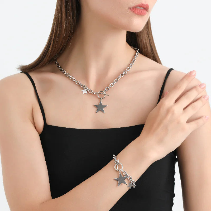 Kpop Fashion Steel Star Pendant Choker Necklace for Women
